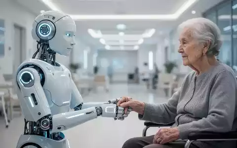 Ein humanoiden Roboter mit freundlichem Gesicht hält sanft die Hand einer älteren Person, Symbol für Fürsorge und moderne Technologie. - Foto: über boerse-global.de