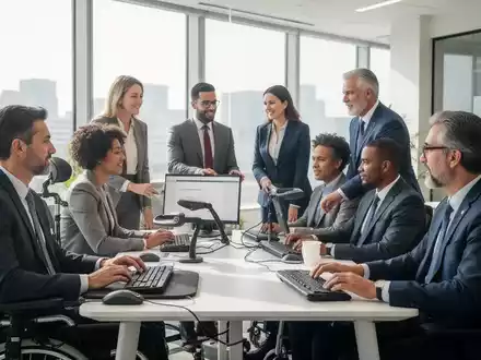 Eine vielfältige Gruppe von Fachkräften in einem modernen, barrierefreien Büro, die zusammenarbeiten. - Foto: über boerse-global.de