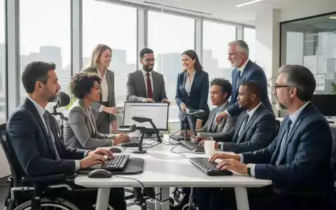 Eine vielfältige Gruppe von Fachkräften in einem modernen, barrierefreien Büro, die zusammenarbeiten. - Foto: über boerse-global.de
