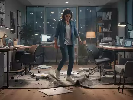 Eine Person geht vorsichtig durch ein modernes Homeoffice und symbolisiert das Unfallrisiko im häuslichen Arbeitsumfeld. - Foto: über boerse-global.de