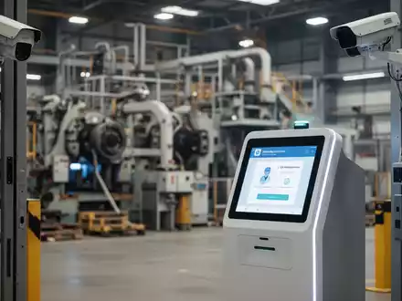 Eine Nahaufnahme eines modernen digitalen Besuchermanagementsystems an einem Industriezugang mit einer unscharfen Fabrik im Hintergrund. - Foto: über boerse-global.de