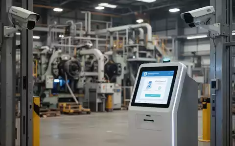 Eine Nahaufnahme eines modernen digitalen Besuchermanagementsystems an einem Industriezugang mit einer unscharfen Fabrik im Hintergrund. - Foto: über boerse-global.de