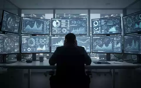 Eine Person sitzt allein an einem Schreibtisch, den Kopf in den Händen, umgeben von leuchtenden Bildschirmen in einem modernen Büro. - Foto: über boerse-global.de