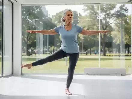 Eine ältere Frau in Sportkleidung praktiziert eine Gleichgewichtsübung, vermutlich Tai Chi oder Yoga, mit ruhiger Konzentration. - Foto: über boerse-global.de