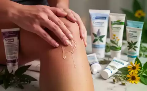Eine Hand trägt Schmerzgel auf ein Knie auf, im Hintergrund sind verschiedene Tuben Schmerzgel und pflanzliche Inhaltsstoffe zu sehen. - Foto: über boerse-global.de