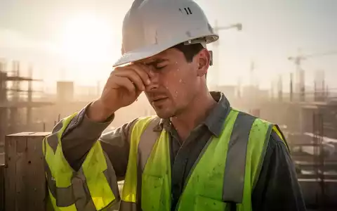 Ein Bauarbeiter wischt sich unter sengender Sonne den Schweiß von der Stirn, während im Hintergrund eine verschwommene Baustelle liegt. - Foto: über boerse-global.de