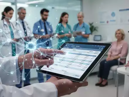 Arzt interagiert mit Tablet zu Gesundheitszahlungen, KI-Netzwerk überlagert. - Foto: über boerse-global.de