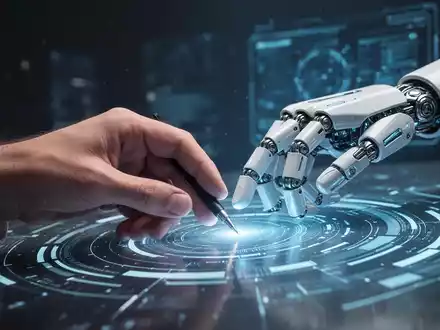 Menschliche und Roboterhand arbeiten an einer leuchtenden digitalen Schnittstelle zusammen. - Foto: über boerse-global.de