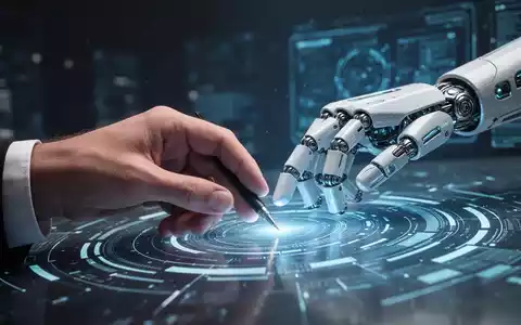 Menschliche und Roboterhand arbeiten an einer leuchtenden digitalen Schnittstelle zusammen. - Foto: über boerse-global.de