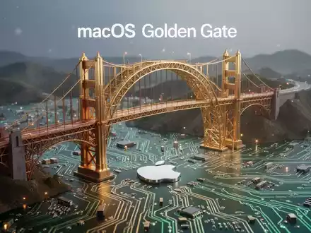 Stilisierte digitale Golden Gate Bridge über einer Leiterplatte, symbolisiert macOS Golden Gate-Übergang und Kompatibilitätsprobleme. - Foto: über boerse-global.de