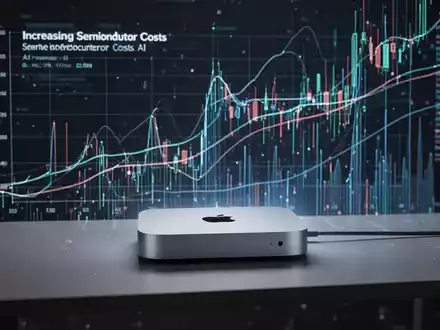 Apple Mac Mini M4 Pro auf einem Schreibtisch mit abstrakten digitalen Datenströmen, die steigende Technologiekosten und KI-Nachfrage symbolisieren. - Foto: über boerse-global.de