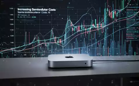 Apple Mac Mini M4 Pro auf einem Schreibtisch mit abstrakten digitalen Datenströmen, die steigende Technologiekosten und KI-Nachfrage symbolisieren. - Foto: über boerse-global.de