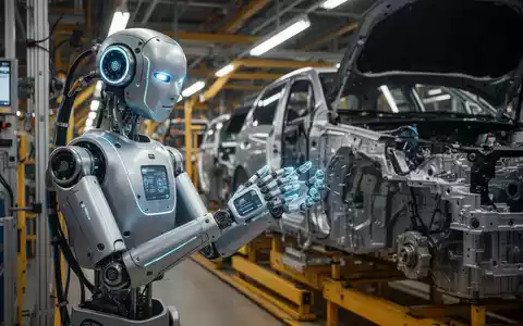 Ein humanoider Roboter mit elegantem Design und leuchtenden Gelenken arbeitet an einem Fließband in einer modernen Fabrik. - Foto: über boerse-global.de