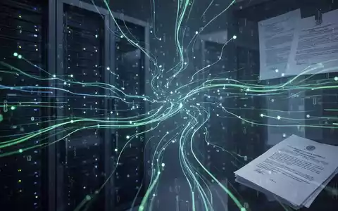 Abstrakte Darstellung von Datenströmen und Servern, die Datenschutz und Regulierung symbolisieren, mit blauen und grünen Farbtönen. - Foto: über boerse-global.de