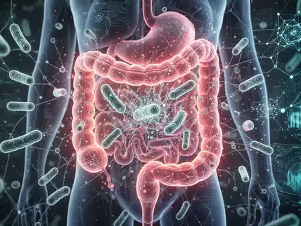 Abstrakte Darstellung des menschlichen Darmmikrobioms mit leuchtenden, vernetzten Mikroben und KI-Elementen, die Gesundheit und Forschung symbolisieren. - Foto: über boerse-global.de