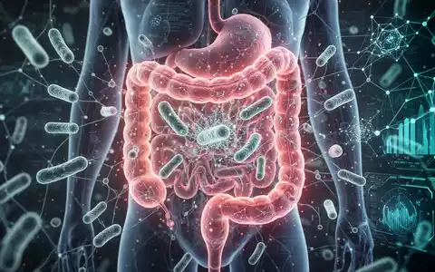 Abstrakte Darstellung des menschlichen Darmmikrobioms mit leuchtenden, vernetzten Mikroben und KI-Elementen, die Gesundheit und Forschung symbolisieren. - Foto: über boerse-global.de