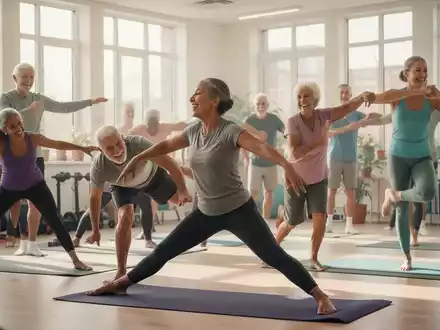 Eine vielfältige Gruppe von Menschen verschiedenen Alters nimmt an einem Fitnesskurs in einem hellen Gemeindezentrum teil. - Foto: über boerse-global.de