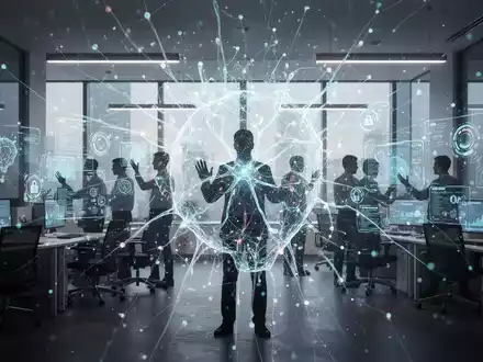 Abstrakte Darstellung eines neuronalen Netzes mit angedeuteten menschlichen Silhouetten, die digitale Schnittstellen im Büro nutzen, um Datenschutz und KI in der Personalentwicklung zu symbolisieren. - Foto: über boerse-global.de