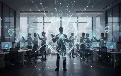 Abstrakte Darstellung eines neuronalen Netzes mit angedeuteten menschlichen Silhouetten, die digitale Schnittstellen im Büro nutzen, um Datenschutz und KI in der Personalentwicklung zu symbolisieren. - Foto: über boerse-global.de