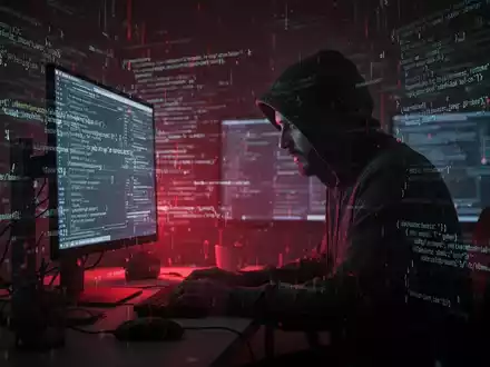 Eine Silhouette eines Entwicklers vor einem leuchtenden Bildschirm mit digitalen Codes und einem roten Leuchten, das eine Sicherheitslücke andeutet. - Foto: über boerse-global.de