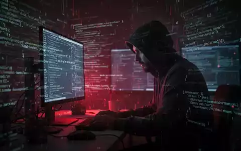 Eine Silhouette eines Entwicklers vor einem leuchtenden Bildschirm mit digitalen Codes und einem roten Leuchten, das eine Sicherheitslücke andeutet. - Foto: über boerse-global.de
