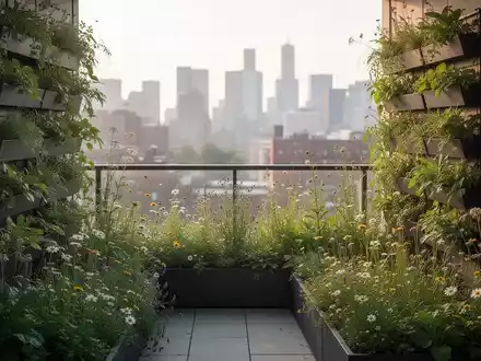 Ein kleiner, moderner Stadtbalkon mit üppigen vertikalen Gärten und Wildblumen, die Biodiversität und nachhaltiges Gärtnern zeigen. - Foto: über boerse-global.de