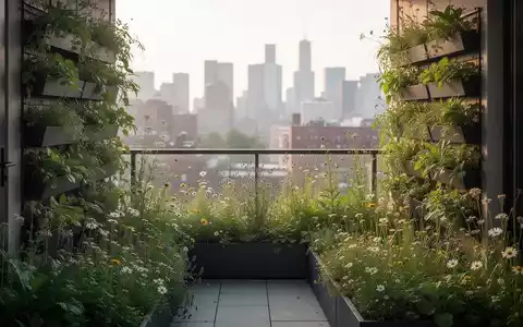 Ein kleiner, moderner Stadtbalkon mit üppigen vertikalen Gärten und Wildblumen, die Biodiversität und nachhaltiges Gärtnern zeigen. - Foto: über boerse-global.de