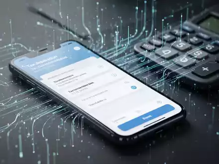 Eine Nahaufnahme eines Smartphones, das eine SteuErklärungs-App anzeigt, mit verschwommenen digitalen Daten und einem Taschenrechner im Hintergrund. - Foto: über boerse-global.de