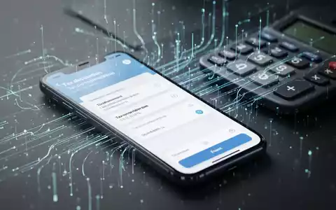 Eine Nahaufnahme eines Smartphones, das eine SteuErklärungs-App anzeigt, mit verschwommenen digitalen Daten und einem Taschenrechner im Hintergrund. - Foto: über boerse-global.de