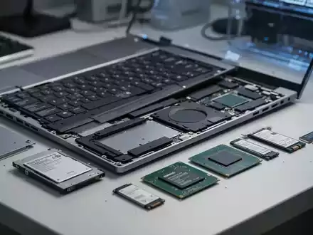 Framework Laptop 13 Pro geöffnet auf einer Werkbank, modulare SSD und CPU sichtbar, symbolisiert Upgrades und Komponentenwechsel. - Foto: über boerse-global.de