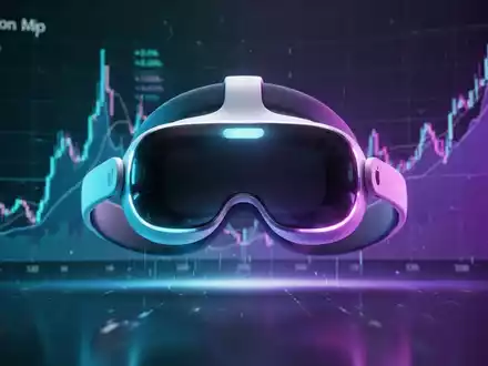 Apple Vision Pro Headset mit blauem Leuchten vor Finanzcharts mit steigenden Kursen. - Foto: über boerse-global.de