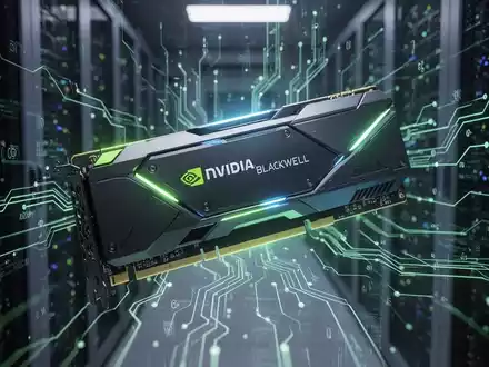 Nahaufnahme einer futuristischen NVIDIA Blackwell GPU, die in grünem und blauem Licht leuchtet, umgeben von abstrakten digitalen Schaltkreisen. - Foto: über boerse-global.de