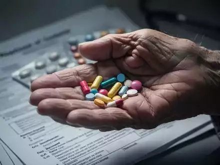 Eine Nahaufnahme der Hand einer älteren Person, die verschiedene Pillen hält, mit verschwommenen medizinischen Dokumenten im Hintergrund. - Foto: über boerse-global.de