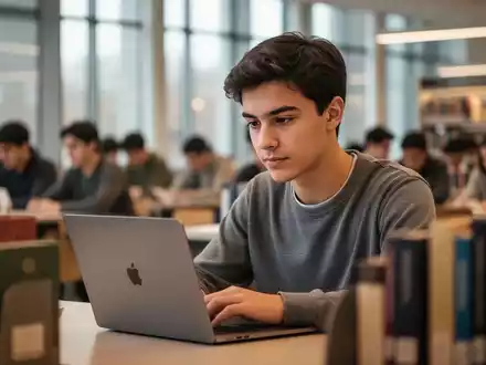 Eine nachdenkliche Studentin sitzt in einer modernen Universitätsbibliothek vor einem Laptop, umgeben von verschwommenen Büchern. - Foto: über boerse-global.de