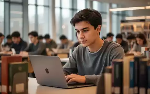 Eine nachdenkliche Studentin sitzt in einer modernen Universitätsbibliothek vor einem Laptop, umgeben von verschwommenen Büchern. - Foto: über boerse-global.de