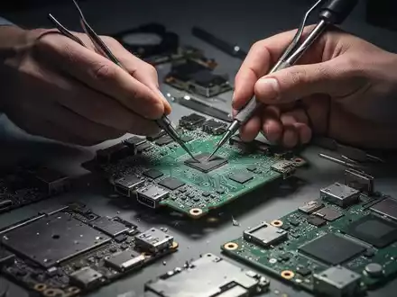 Hände reparieren eine Leiterplatte mit Werkzeugen, umgeben von Elektronik, die Reparatur und Nachhaltigkeit symbolisiert. - Foto: über boerse-global.de