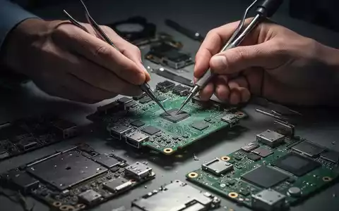 Hände reparieren eine Leiterplatte mit Werkzeugen, umgeben von Elektronik, die Reparatur und Nachhaltigkeit symbolisiert. - Foto: über boerse-global.de
