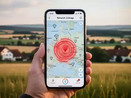 Hand hält Smartphone mit Mobilfunkabdeckungskarte und roten Zonen, ländliche deutsche Landschaft im Hintergrund. - Foto: über boerse-global.de