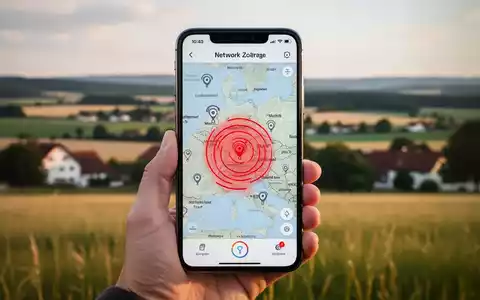 Hand hält Smartphone mit Mobilfunkabdeckungskarte und roten Zonen, ländliche deutsche Landschaft im Hintergrund. - Foto: über boerse-global.de