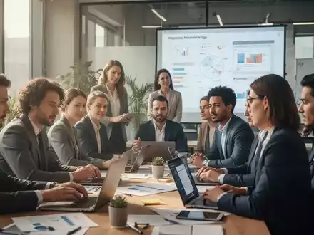 Eine Gruppe von Geschäftsleuten nimmt an einer Weiterbildung in einem modernen Büroumfeld teil, die sich auf digitale Kompetenzen konzentriert. - Foto: über boerse-global.de