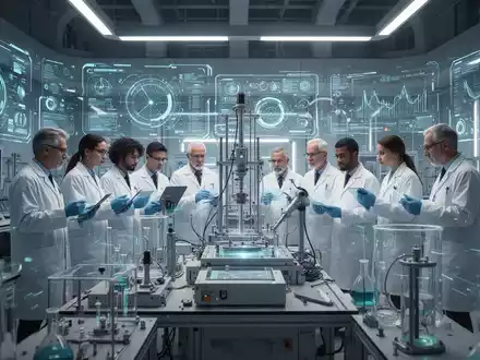 Futuristisches Labor mit Wissenschaftlern und Ingenieuren, die an leuchtenden Datenvisualisierungen und modernster Testausrüstung arbeiten, Symbol für Innovation. - Foto: über boerse-global.de