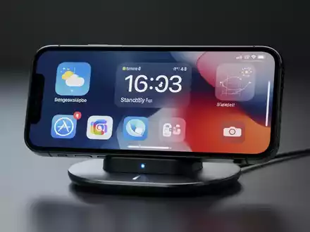 Ein iPhone im StandBy-Modus mit Widgets und Uhr, horizontal auf einer Ladestation. - Foto: über boerse-global.de