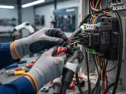 Nahaufnahme von Händen in Sicherheitshandschuhen, die Drähte an einer Ladestationskomponente anschließen, mit verschwommenem Werkstatt-Hintergrund. - Foto: über boerse-global.de