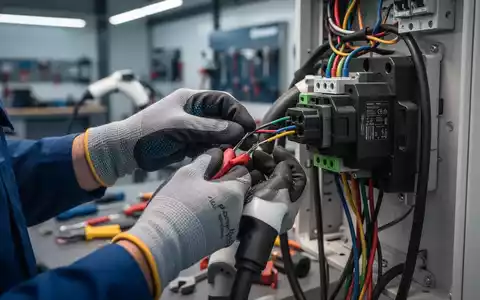 Nahaufnahme von Händen in Sicherheitshandschuhen, die Drähte an einer Ladestationskomponente anschließen, mit verschwommenem Werkstatt-Hintergrund. - Foto: über boerse-global.de