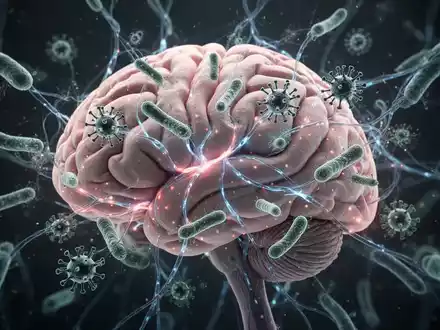 Ein stilisiertes Bild eines Gehirns mit leuchtenden neuronalen Pfaden, umgeben von mikroskopischen Bakterien und Viren. - Foto: über boerse-global.de