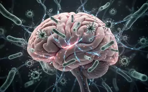 Ein stilisiertes Bild eines Gehirns mit leuchtenden neuronalen Pfaden, umgeben von mikroskopischen Bakterien und Viren. - Foto: über boerse-global.de