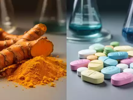 Eine geteilte Ansicht, die Kurkuma-Wurzel und Pulver mit pharmazeutischen Tabletten vergleicht, um natürliche und synthetische Entzündungshemmer darzustellen. - Foto: über boerse-global.de
