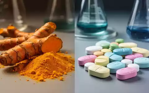 Eine geteilte Ansicht, die Kurkuma-Wurzel und Pulver mit pharmazeutischen Tabletten vergleicht, um natürliche und synthetische Entzündungshemmer darzustellen. - Foto: über boerse-global.de
