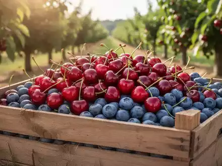 Nahaufnahme von reifen roten Kirschen und Blaubeeren, die aus einer Holzkiste in einem Obstgarten quellen. - Foto: über boerse-global.de