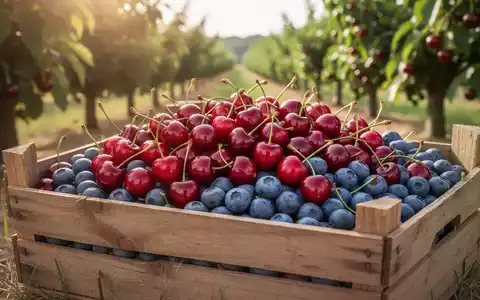 Nahaufnahme von reifen roten Kirschen und Blaubeeren, die aus einer Holzkiste in einem Obstgarten quellen. - Foto: über boerse-global.de